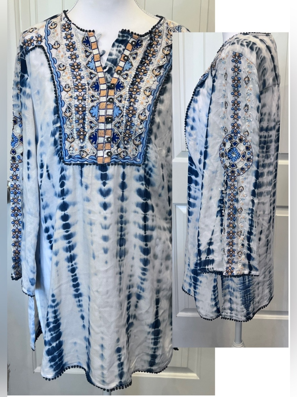 Embroidered Beaded Chico's Blue Peach White Tie-Dye Tunic Fun Trim Sz 4/6